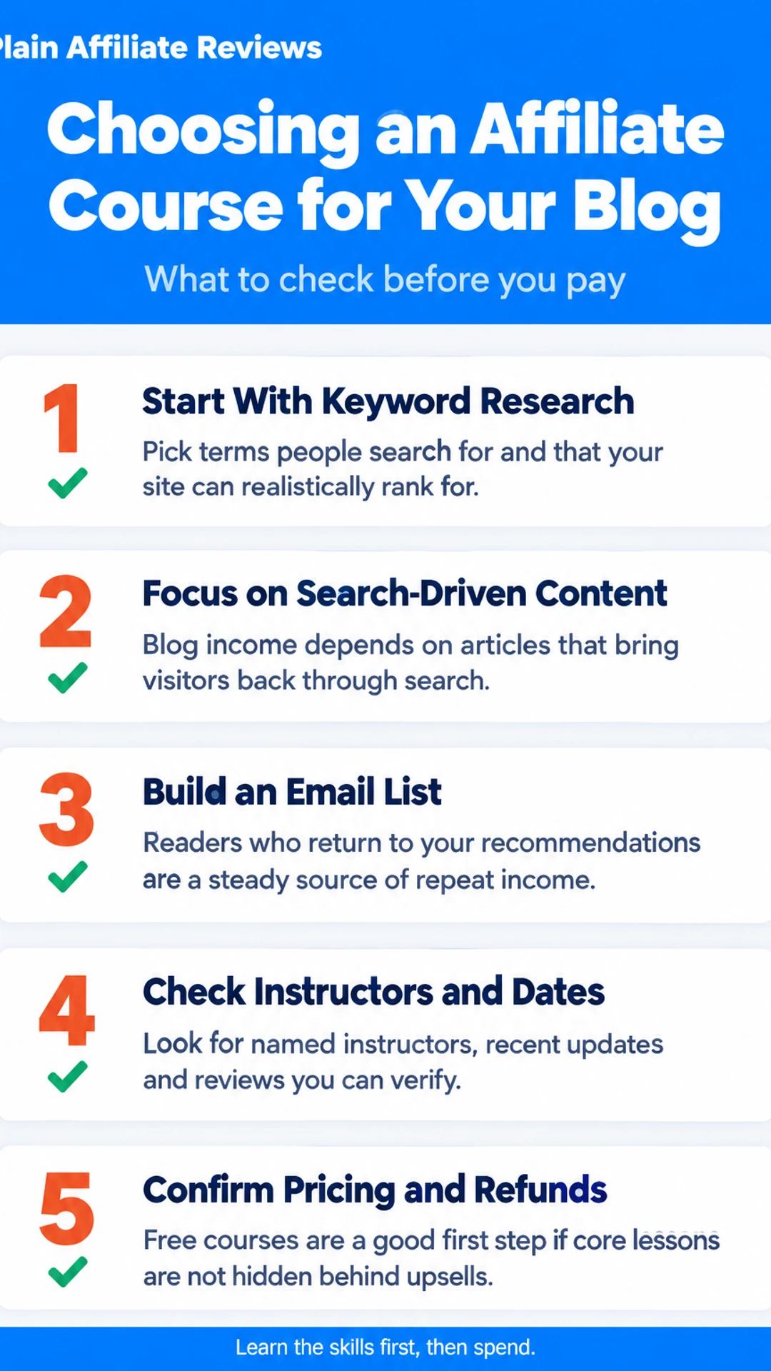 Listicle infographic: Choosing an Affiliate Course for Your Blog. What to check before you pay. 1. Start With Keyword Research; 2. Focus on Search-Driven Content; 3. Build an Email List; 4. Check Instructors and Dates; 5. Confirm Pricing and Refunds.