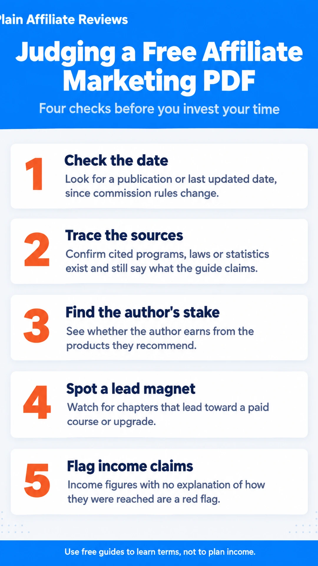 Listicle infographic: Judging a Free Affiliate Marketing PDF. Four checks before you invest your time. 1. Check the date; 2. Trace the sources; 3. Find the author's stake; 4. Spot a lead magnet; 5. Flag income claims.